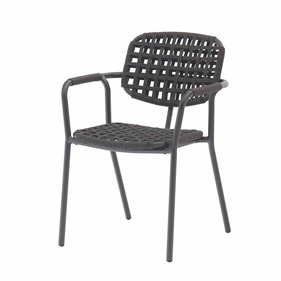 Black aluminium & rope Helena outdoor dining chair displayed on a plain white background, viewed from a front angle.