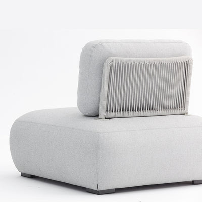 Outdoor furniture, outdoor balcony furniture, outdoor lounge chair: A back view of an aluminum 1-seater upholstered lounge with a light grey frame and light grey cushions, set on a white background.