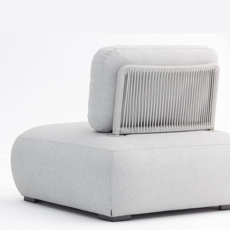 Outdoor furniture, outdoor balcony furniture, outdoor lounge chair: A back view of an aluminum 1-seater upholstered lounge with a light grey frame and light grey cushions, set on a white background.
