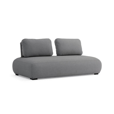 Dark-grey luxury 'Iowa' 2 seater upholstered outdoor lounge, great for enhancing outdoor living, displayed on a plain white background, viewed from a front angle.