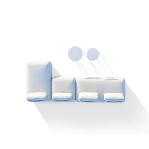 Top view of an aluminum 4-seater upholstered modular lounge with light grey frame and cushions, coffee tables. Outdoor furniture, outdoor balcony furniture, outdoor lounge chair.