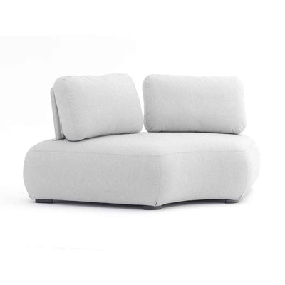 Outdoor furniture: An aluminum upholstered corner lounge with a light grey frame and light grey cushions, set on a white background. Perfect for outdoor balcony furniture and outdoor lounge chair needs.