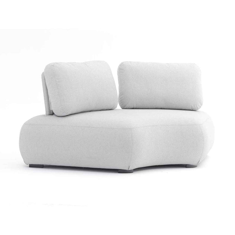 Outdoor furniture: An aluminum upholstered corner lounge with a light grey frame and light grey cushions, set on a white background. Perfect for outdoor balcony furniture and outdoor lounge chair needs.