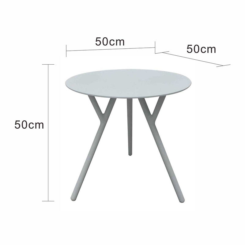 Aluminium outdoor furniture, Iowa coffee table in light grey hue for outdoor dining furniture, a table with a white top and a white base.