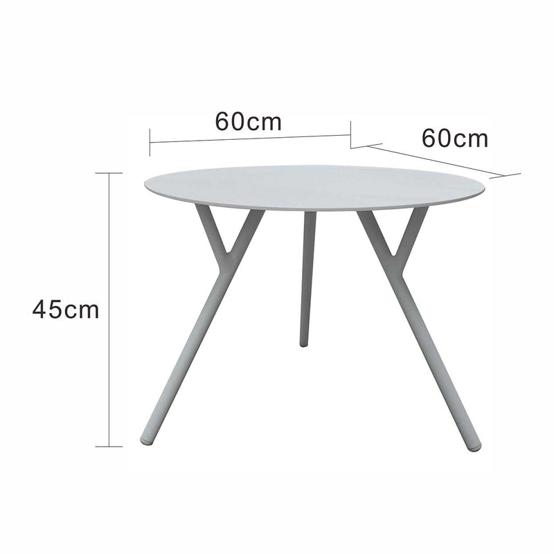 Aluminium outdoor furniture, Iowa coffee table in light grey hue for outdoor dining furniture, a table with a white top and a white base.