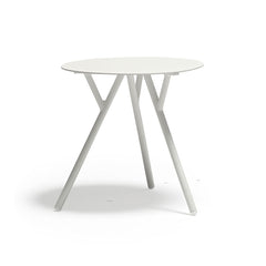 50 cm white luxury aluminium 'Iowa' round outdoor coffee table, great for alfresco furniture setups, displayed on a plain white background, viewed from the front.