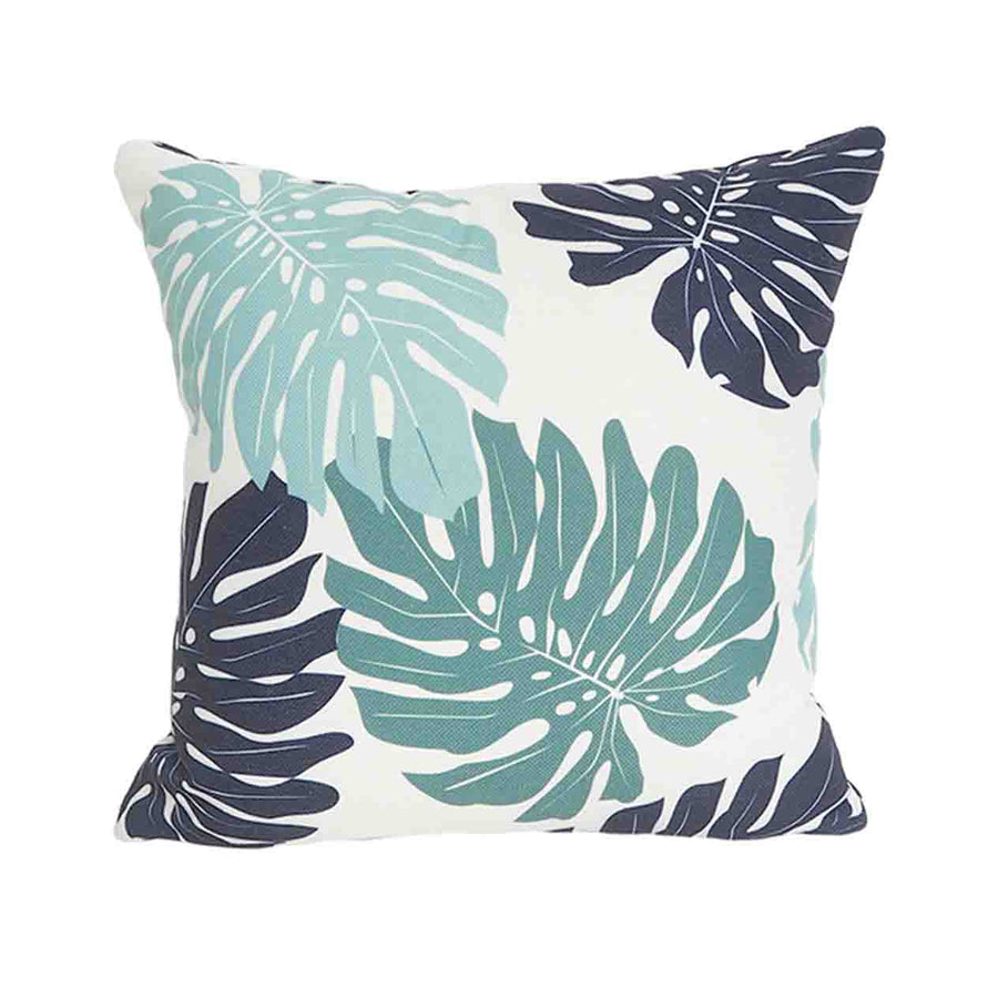 Jungle outdoor scatter cushion with leaf designs in blue and grey set against a plain white background