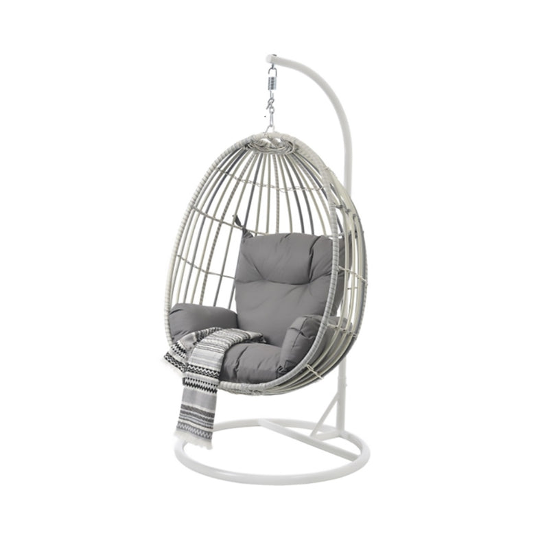 White Kannis Single Hanging Egg Chair, a piece of outdoor furniture for luxurious lounging.