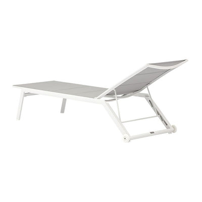 Sleek white & grey aluminium 'Kent' outdoor sun lounger displayed on a plain white background, viewed from a back angle.