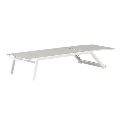 Sleek white & grey aluminium 'Kent' outdoor sun lounger, fully extended so it's laying flat, displayed on a plain white background, viewed from a front angle.