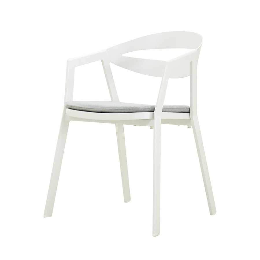 White aluminium La Vida outdoor dining chair displayed on a plain white background, viewed from a front angle.