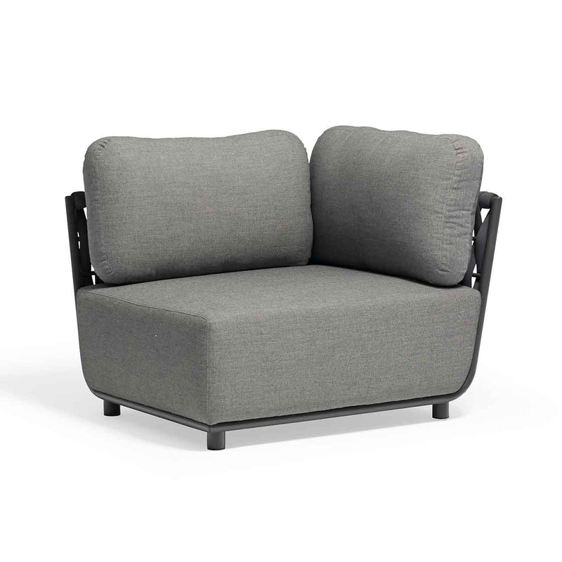 Outdoor furniture from the Lawson Collection featuring a grey outdoor lounge chair and rope chair with a black frame, set against a white background.