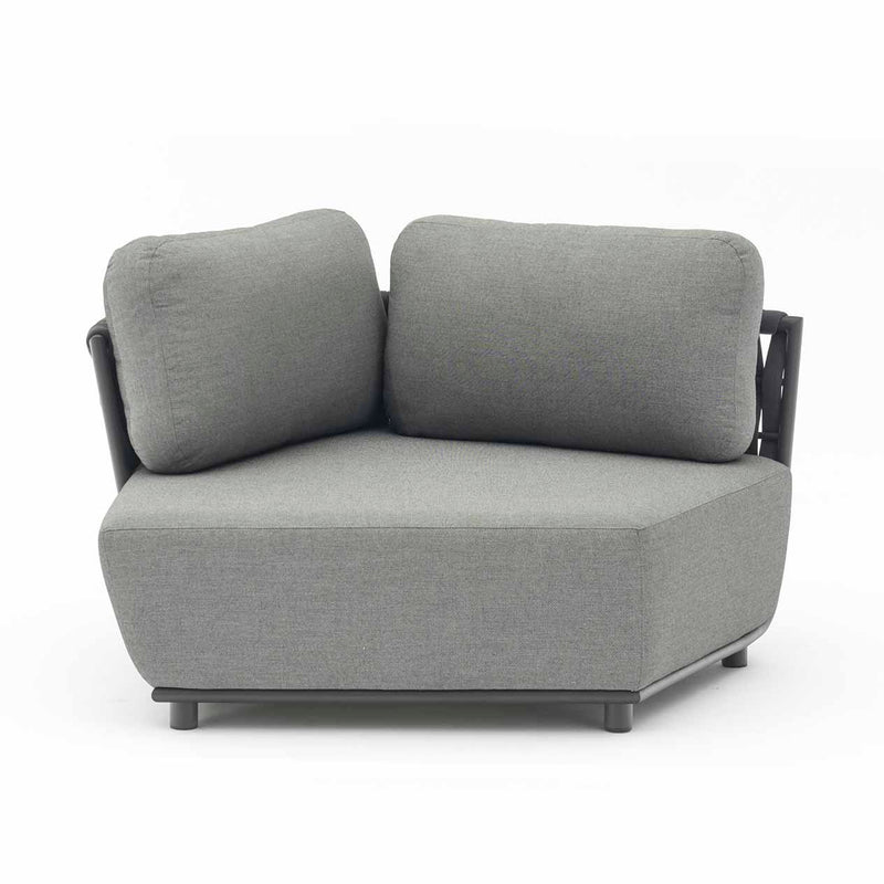 Outdoor furniture from the Lawson Collection featuring a grey corner rope chair with two pillows, outdoor lounge chair, ottoman, and coffee table.