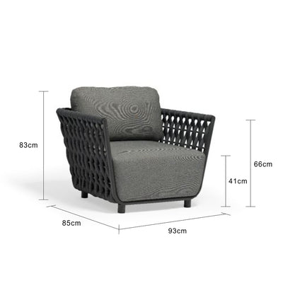Outdoor furniture from the Lawson Collection featuring a black and grey outdoor lounge chair, rope chair, and other pieces with measurements.