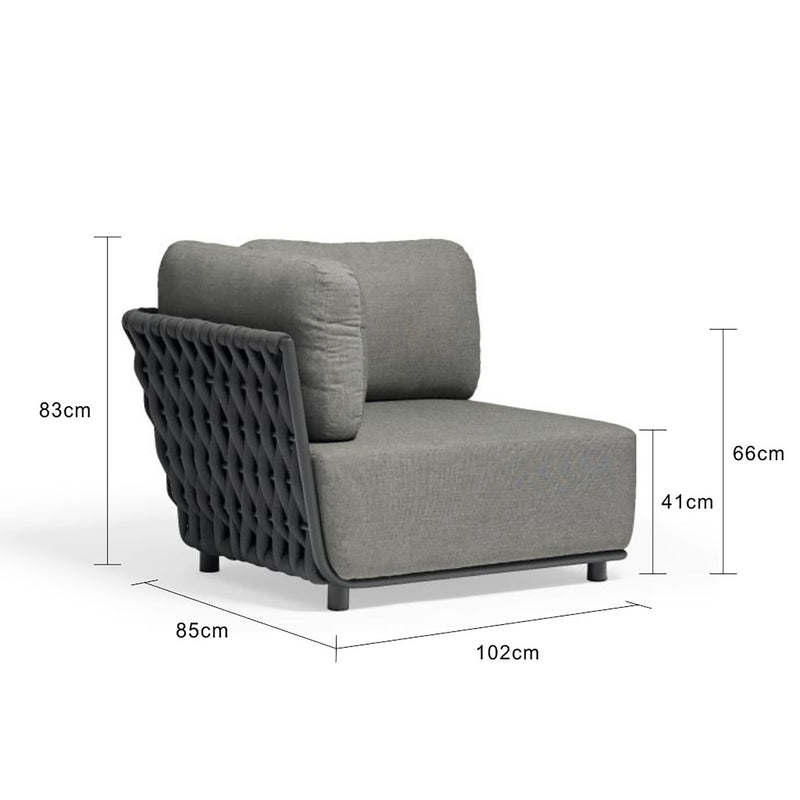 Outdoor furniture from the Lawson Collection featuring a wicker lounge chair, rope chair, and other pieces, all in charcoal, displayed on a white background.