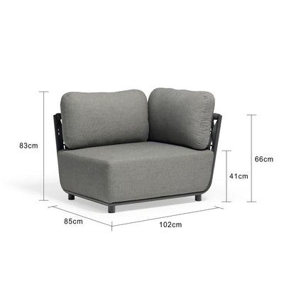 Outdoor furniture from the Lawson Collection featuring a wicker lounge chair, rope chair, and other pieces, all in charcoal, displayed on a white background.