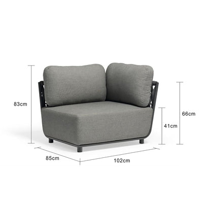 Outdoor furniture from the Lawson Collection featuring a gray outdoor lounge chair, rope chair, and other items with a black frame and measurements.