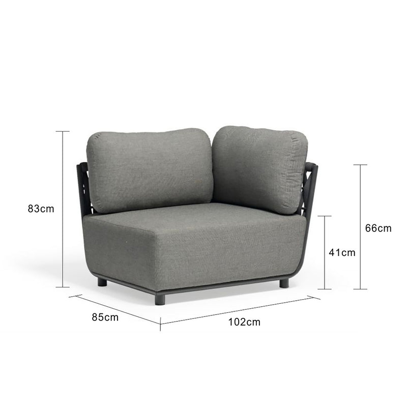 Outdoor furniture from the Lawson Collection featuring a wicker lounge chair, rope chair, and other pieces, all in charcoal, displayed on a white background.