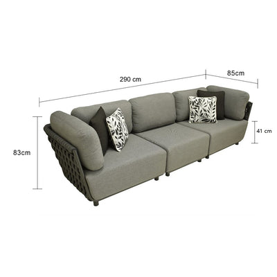 Dark-grey cozy 'Lawson' 3 seater rope outdoor lounge, great for enhancing outdoor living, displayed on a plain white background, viewed from a front angle. Its measurements are shown at 275 cm long, 85 cm wide, and 83 cm tall.