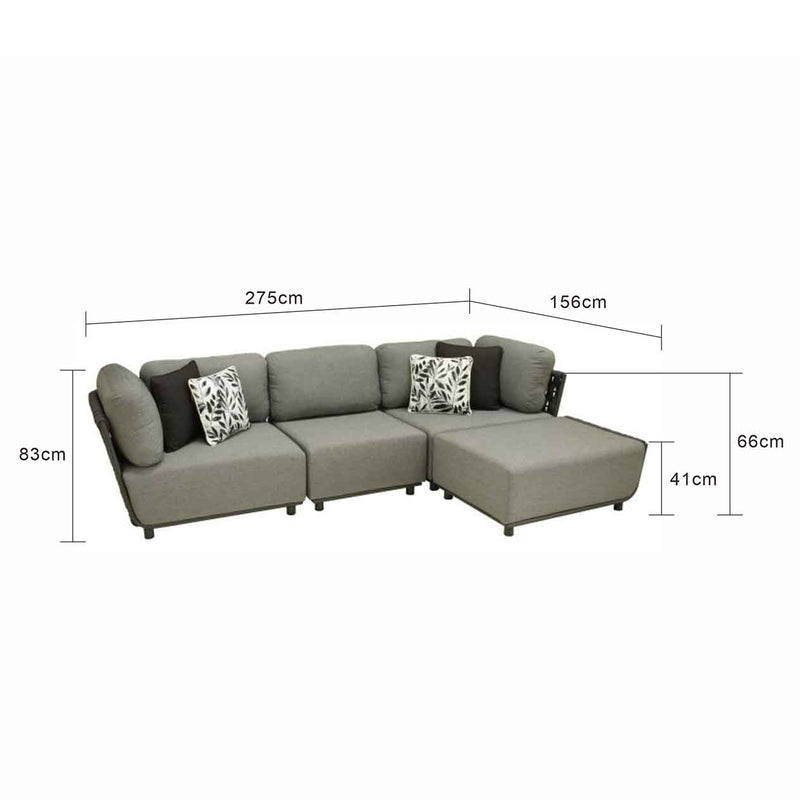 Outdoor furniture set from the Lawson Collection, featuring a rope outdoor lounge chair, armchair, ottoman, and coffee table. Current image: A drawing of a sectional couch with pillows.