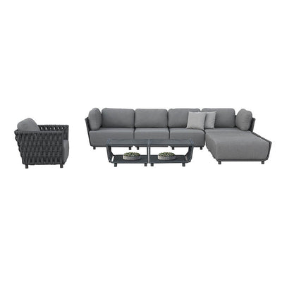 Outdoor furniture set from Lawson Collection featuring outdoor lounge chair, rope chair, and ottoman in charcoal or light grey. A couch, chair, and ottoman in a room.