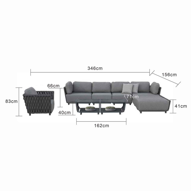 Outdoor furniture set from the Lawson Collection, featuring a rope outdoor lounge chair, ottoman, and coffee table in a charcoal or light grey color scheme. Current image: A drawing of a living room with a couch and a coffee table.
