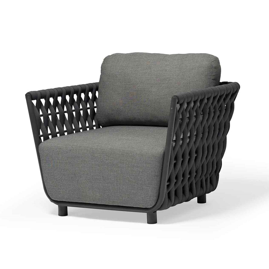 Outdoor furniture set from Lawson Collection featuring a wicker lounge chair, rope armchair with charcoal frame and cushion, and coffee table on a white background.