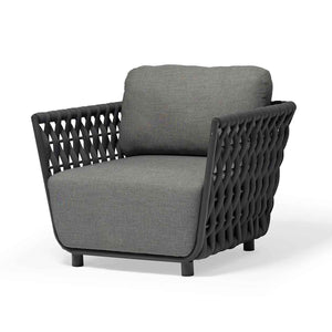 Outdoor furniture from the Lawson Collection featuring a rope outdoor lounge chair with a gray cushion and a black frame.