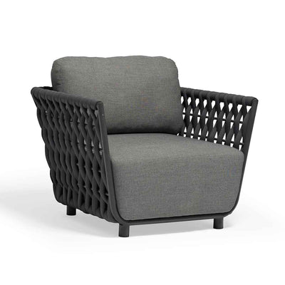 Outdoor furniture from the Lawson Collection featuring a gray outdoor lounge chair, rope chair, and other pieces for luxurious comfort.