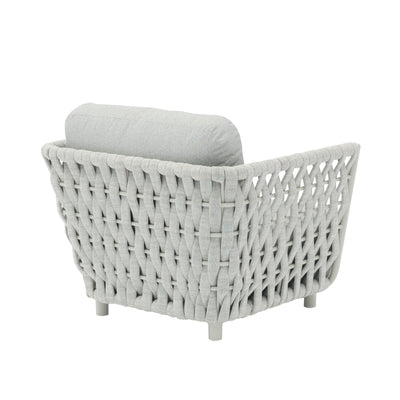 Outdoor furniture from the Lawson Collection, featuring a white wicker outdoor lounge chair, rope chair, and other pieces on a white background.