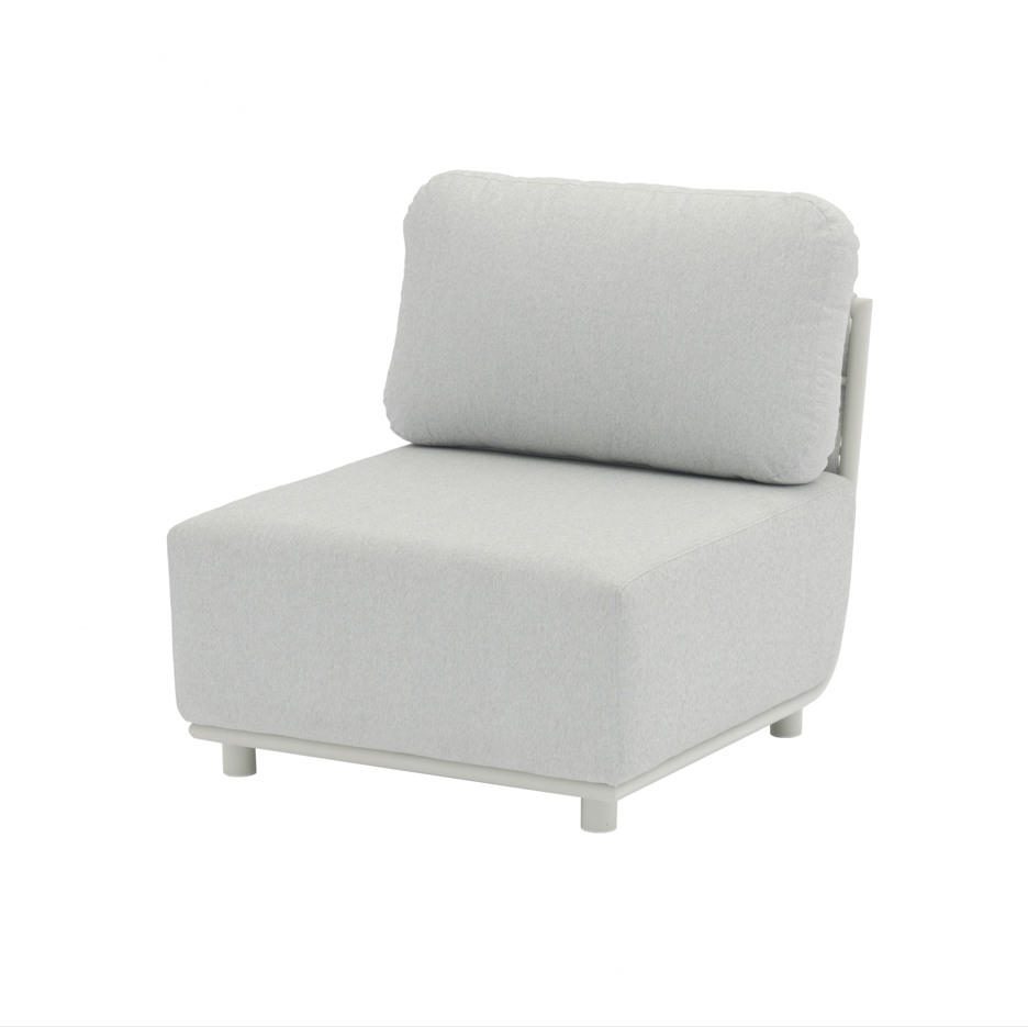 Outdoor furniture from the Lawson Collection featuring a rope armless chair, wicker lounge chair with light grey frame and cushions, set against a white background.