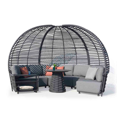 Complete Lawson Outdoor Rope Pavilion Lounge, featuring three arc-shaped sofas arranged in a semicircle, a side table at one end, a round dining table in the center, and a canopy frame surrounding the setup. All set against a plain white background, highlighting sophisticated alfresco furniture for luxurious outdoor living.