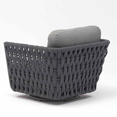 Dark grey rope 'Lawson' outdoor swivel chair, great for enhancing your outdoor living, displayed on a plain white background, viewed from a back angle.