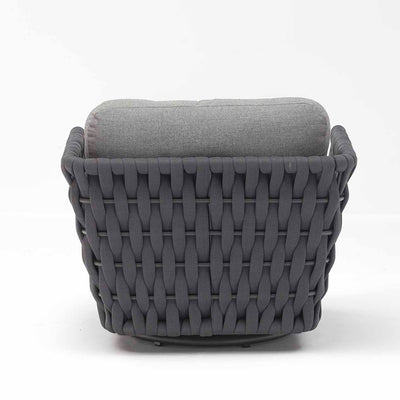 Dark grey rope 'Lawson' outdoor swivel chair, great for enhancing your outdoor living, displayed on a plain white background, viewed from the back.