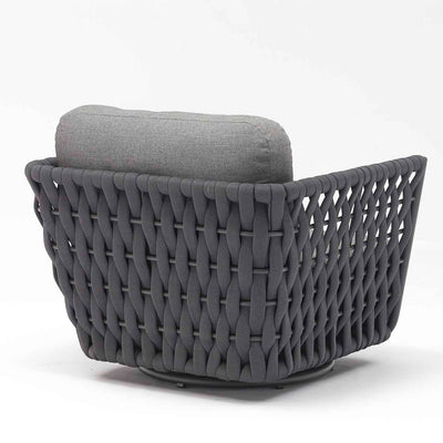 Dark grey rope 'Lawson' outdoor swivel chair, great for enhancing your outdoor living, displayed on a plain white background, viewed from a back angle.