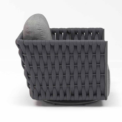 Dark grey rope 'Lawson' outdoor swivel chair, great for enhancing your outdoor living, displayed on a plain white background, viewed from the side.