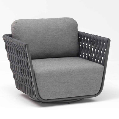 Dark grey rope 'Lawson' outdoor swivel chair, great for enhancing your outdoor living, displayed on a plain white background, viewed from a front angle.