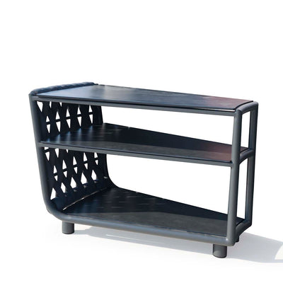 One of our black 84 cm rope 'Lawson' outdoor side tables, featuring 3 shelves, displayed on a plain white background, viewed from a front angle.