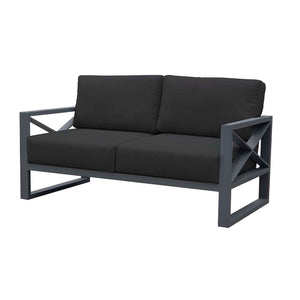 Aluminium 2 seater lounge with charcoal frame and cushions from Linear Lounge collection, a robust aluminium outdoor furniture set including outdoor lounge chair, perfect for outdoor oasis.