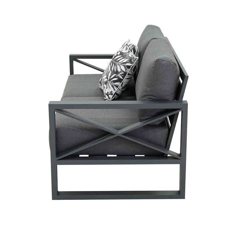 Aluminium 2 seater lounge with charcoal frame and cushions from Linear Lounge collection, outdoor lounge chair for your outdoor oasis, part of aluminium outdoor furniture set.