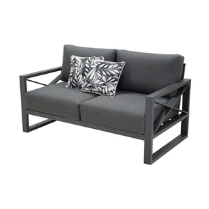 Aluminium 2 seater lounge with charcoal frame and cushions from Linear Lounge collection, outdoor lounge chair for your outdoor oasis, part of aluminium outdoor furniture set.
