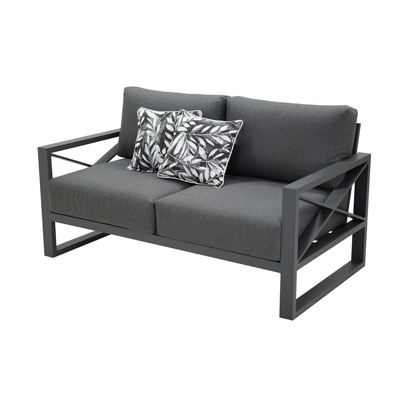 Aluminum outdoor furniture from Linear Lounge collection, featuring outdoor chairs and outdoor lounge in charcoal or white, perfect for your outdoor oasis. Current image: A gray couch with two pillows on top of it.