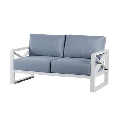 Charcoal or white aluminum outdoor furniture from Linear Lounge collection, including outdoor lounge chair and sofas, on a white floor.