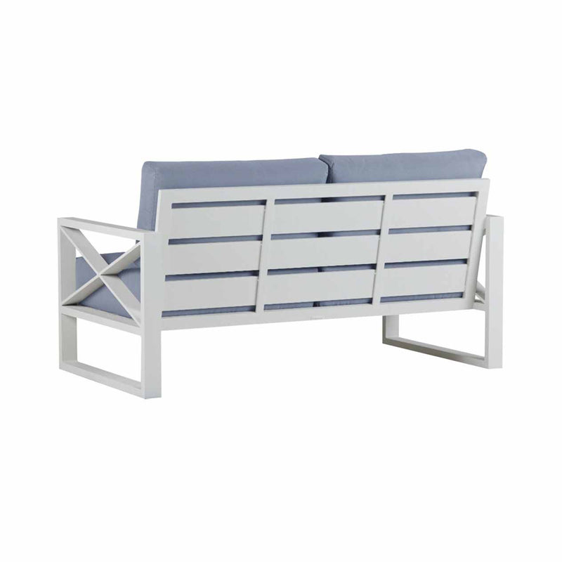 Aluminum outdoor furniture from Linear Lounge collection, including outdoor lounge chair and sofas, in white or charcoal color options.