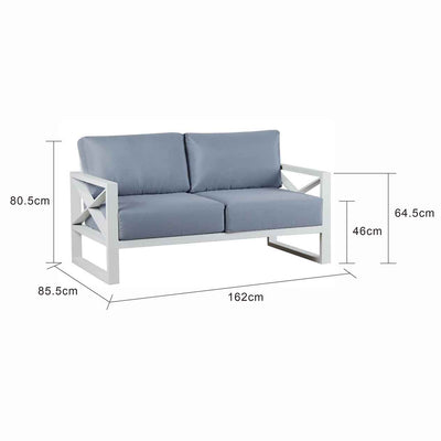 Aluminium 2 seater lounge with white frame and light grey cushions from Linear Lounge collection, a robust aluminium outdoor furniture set including outdoor lounge chair, perfect for outdoor oasis.