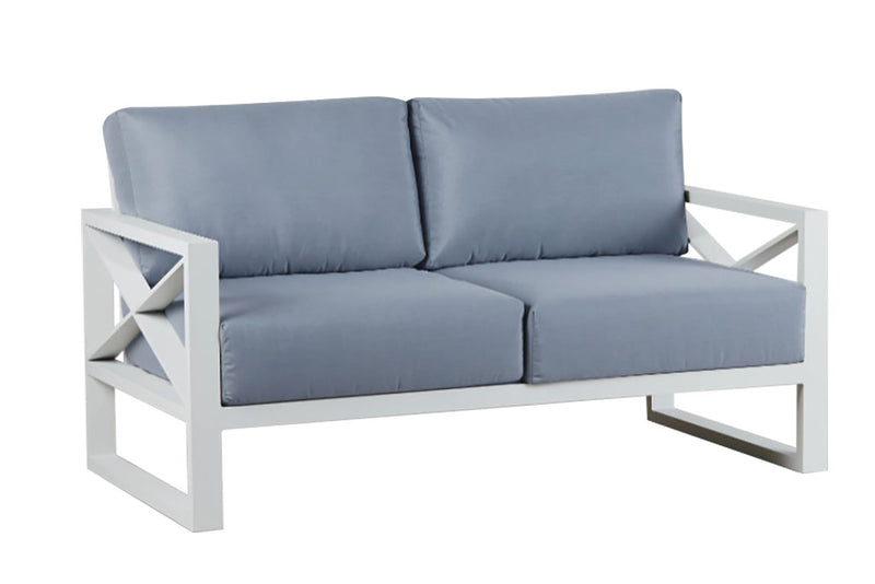 Aluminium 2 seater lounge with white frame and light grey cushions from Linear Lounge collection, featuring outdoor lounge chair and other aluminium outdoor furniture, perfect for outdoor oasis.