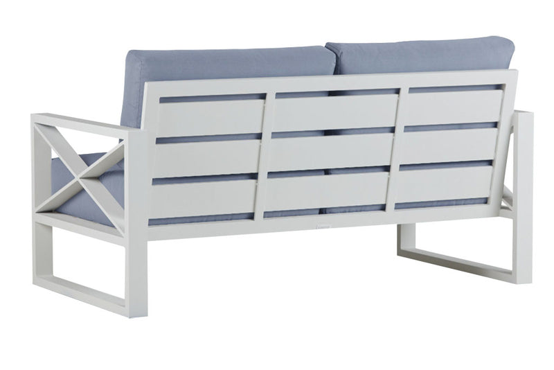 Aluminium 2 seater lounge with white frame and light grey cushions on a white background from Linear Lounge collection, featuring outdoor lounge chair and other aluminium outdoor furniture pieces.