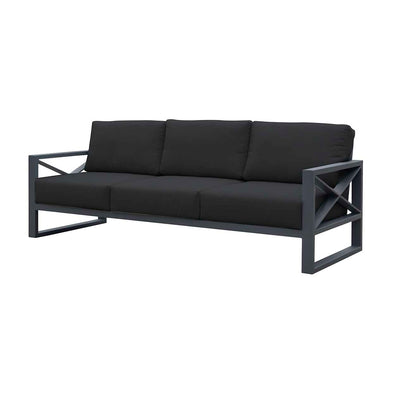 Aluminium 3 seater lounge with charcoal frame and cushions from Linear Lounge collection, a robust aluminium outdoor furniture set including outdoor lounge chair, perfect for outdoor oasis.