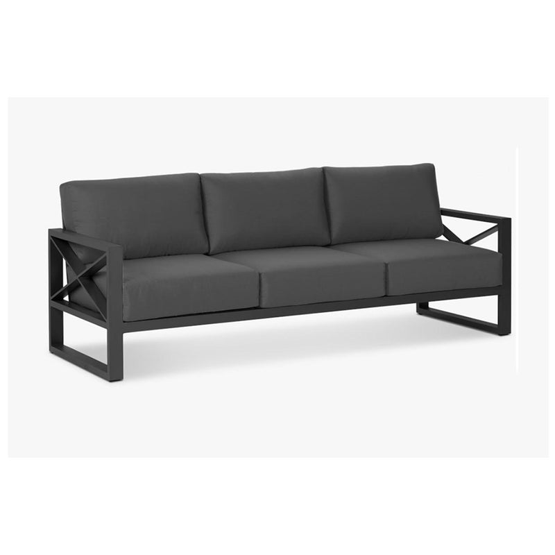 Aluminum outdoor furniture from Linear Lounge collection, featuring outdoor chairs and outdoor lounge in charcoal or white, perfect for festive configurations. Current image: A gray couch with a black frame.