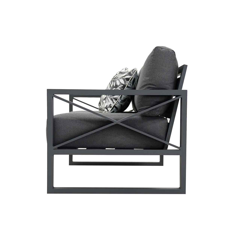 Charcoal or white aluminum outdoor furniture from Linear Lounge collection, including outdoor lounge chair, two-seater, and three-seater sofas.